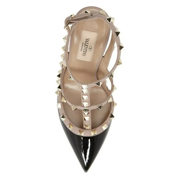Valentino Rockstud Black Patent Poudre Nude Ankle T Strap Classic Heel Pump 41.5 - Picture 6 of 12